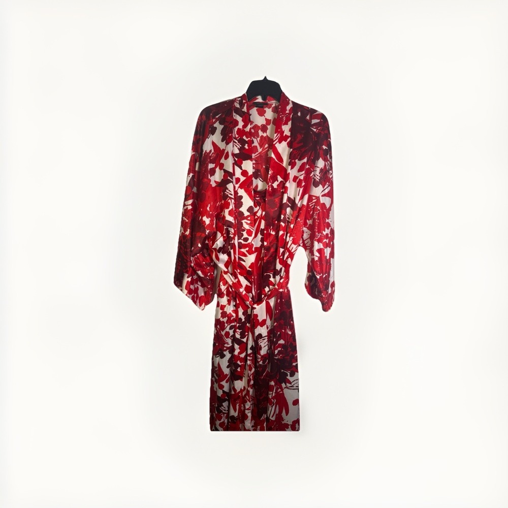 Natori Womens Red & White Floral Print Night Robe &‎ Nightgown Set Size L & XL